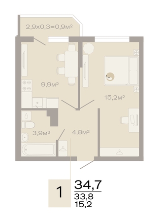 Планировка 1-комн 34,7 м²