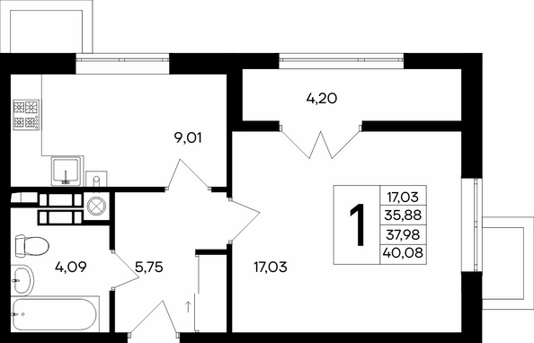 Планировка 1-комн 40,08 м²