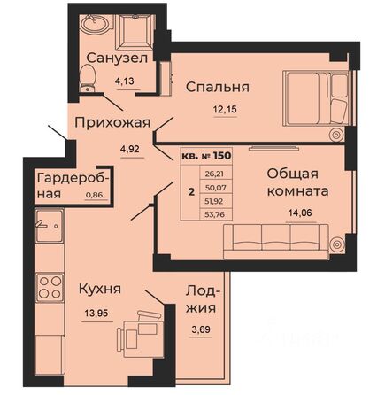 Планировка 2-комн 51,92 м²