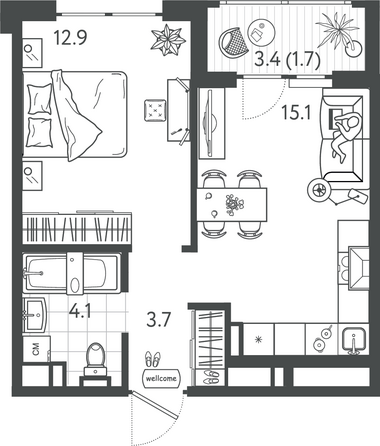 Планировка 1-комн 37,5 м²