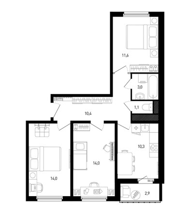 Планировка 3-комн 65,9 м²