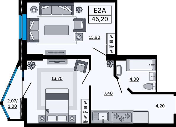 Планировка 2-комн 45,63 м²