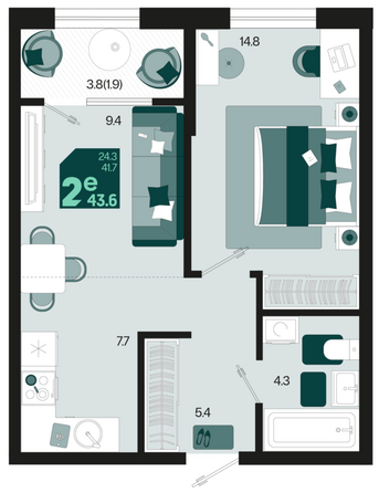 Планировка 2-комн 43,6 м²