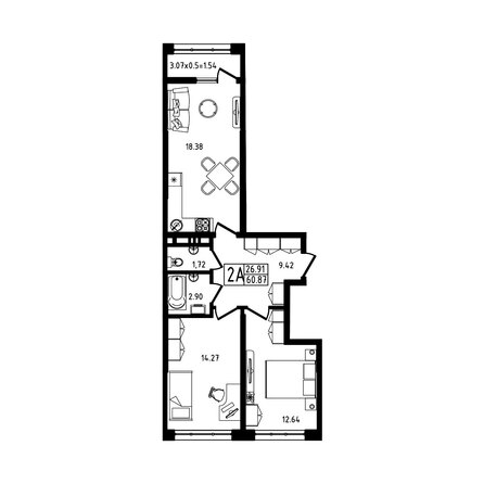 Планировка 2-комн 60,87 м²