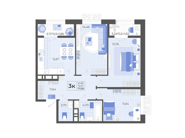 Планировка 3-комн 77,05 м²