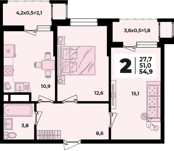 Планировка 2-комн 54,9 м²