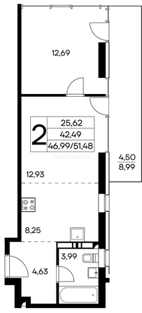 Планировка 2-комн 51,48 - 52,78 м²