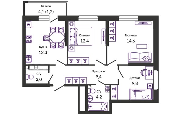 Планировка 3-комн 67,9 м²