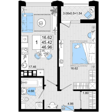 Планировка 1-комн 46,96 м²