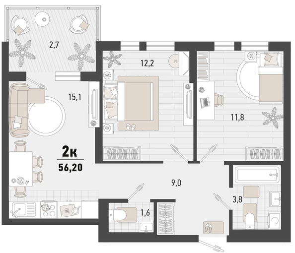 Планировка 2-комн 56, 56,2 м²