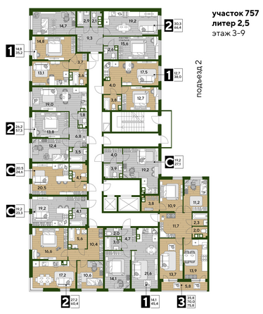 План 3-9 этажа 2 подъезд