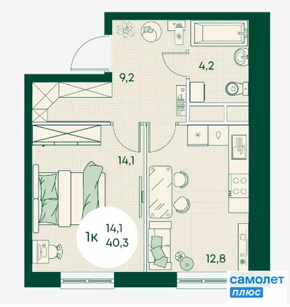
  Продается 1-комн. квартира 40.3 м², в ЖК Green Apple (Грин эпл), блок 1. Фото 8.