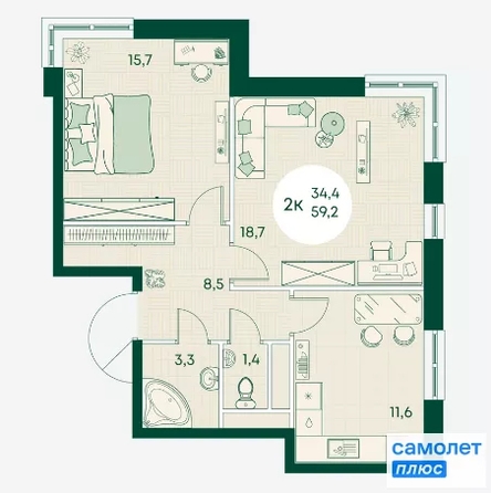 
  Продается 2-комн. квартира 59.2 м², в ЖК Green Apple (Грин эпл), блок 1. Фото 8.