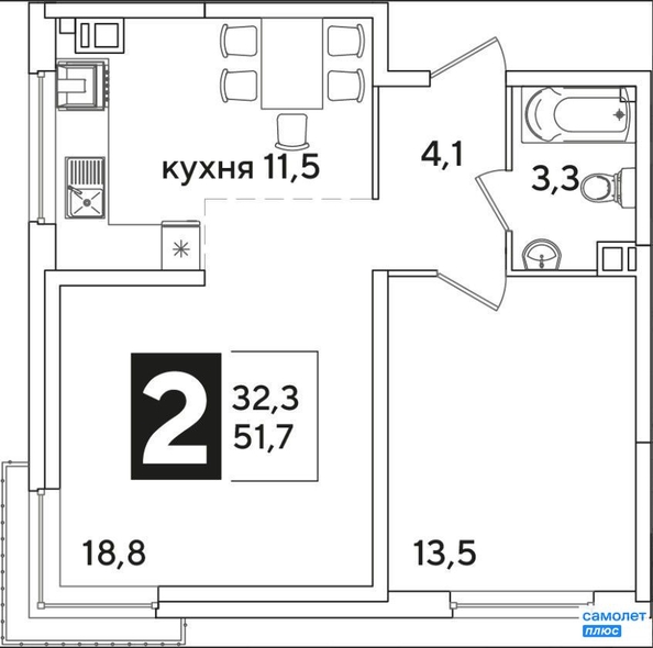 
   Продам 2-комнатную, 51.7 м², Ивана Беличенко ул, 92 к3

. Фото 2.