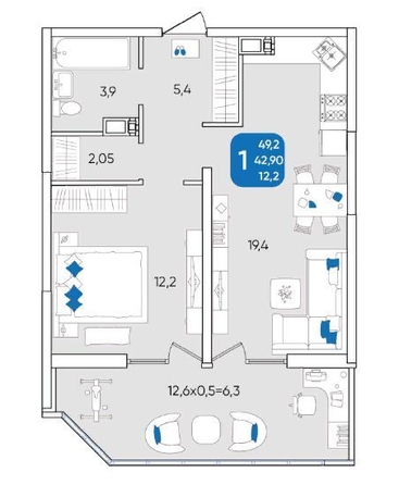 
   Продам 1-комнатную, 48.9 м², Любимово мкр, 16/1

. Фото 3.