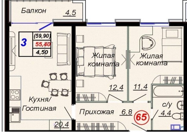 
   Продам 2-комнатную, 59.9 м², Российская ул, уч12

. Фото 7.