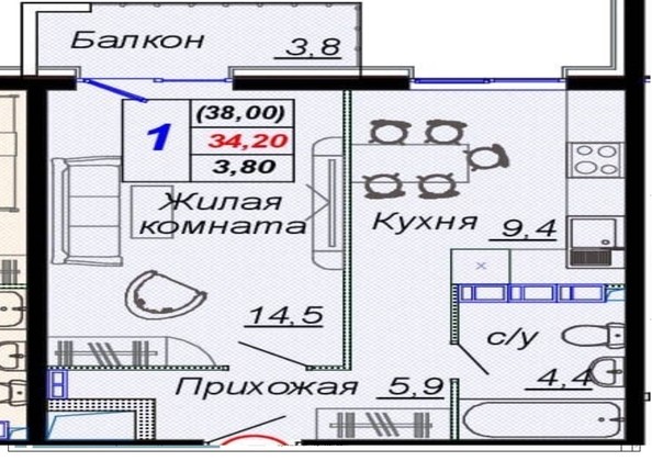 
   Продам 1-комнатную, 38 м², Российская ул, уч12

. Фото 12.