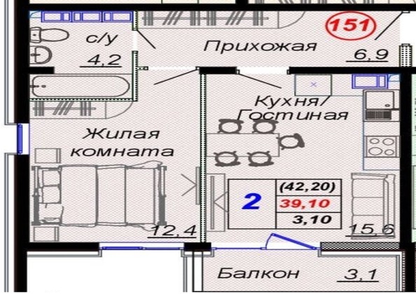 
   Продам 1-комнатную, 42.2 м², Российская ул, уч12

. Фото 12.