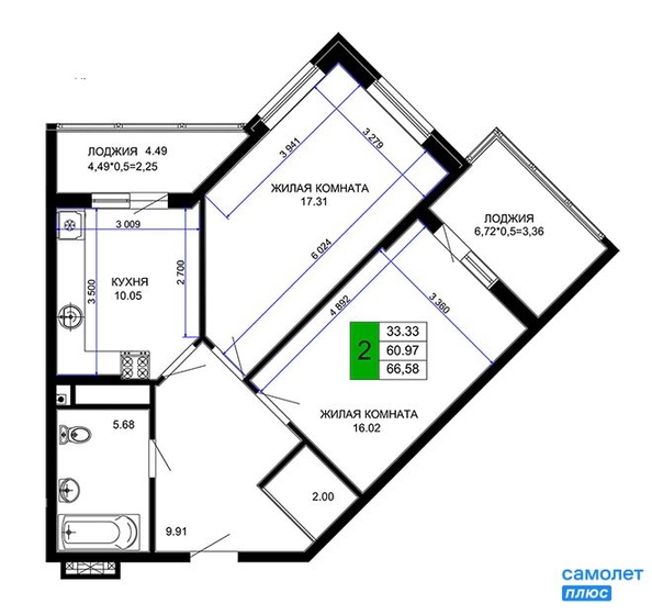 
   Продам 2-комнатную, 66.58 м², Сегодня, литер 2

. Фото 2.