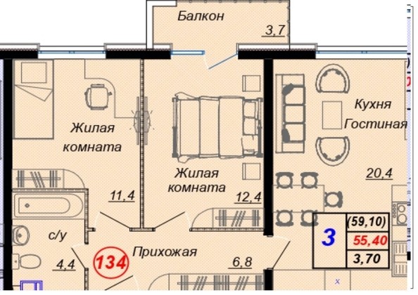 
   Продам 2-комнатную, 59.1 м², Российская ул, уч12

. Фото 1.