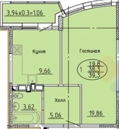 
   Продам 1-комнатную, 39.48 м², Уральская ул, 100/8

. Фото 2.