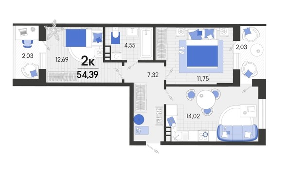 
   Продам 2-комнатную, 54.39 м², Белые росы, литера 9

. Фото 4.