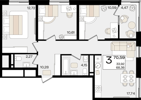 
   Продам 3-комнатную, 70.59 м², Патрики, литер 1.5

. Фото 2.