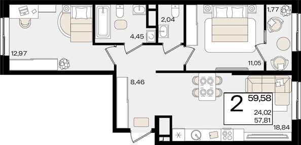 
   Продам 2-комнатную, 59.58 м², Патрики, литер 1.4

. Фото 2.