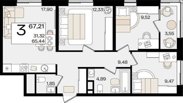 
   Продам 3-комнатную, 67.21 м², Патрики, литер 1.2

. Фото 2.