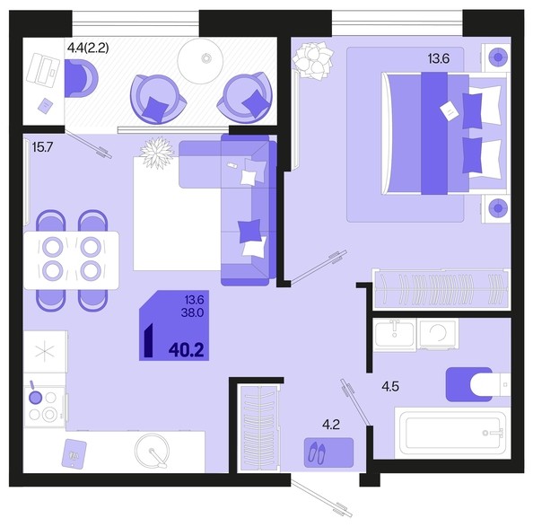 
   Продам 1-комнатную, 40.2 м², Первое место, квартал 1.1, литер 2

. Фото 1.