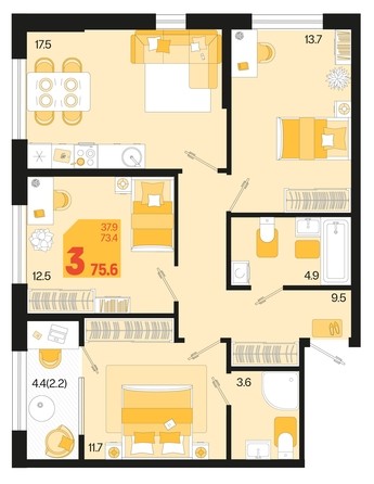 
   Продам 3-комнатную, 75.6 м², Первое место, квартал 1.1, литер 2

. Фото 1.