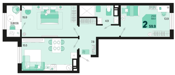 
   Продам 2-комнатную, 59.9 м², Первое место, квартал 1.1, литер 2

. Фото 1.