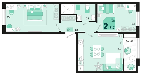 
   Продам 2-комнатную, 61.7 м², Первое место, квартал 1.1, литер 2

. Фото 1.