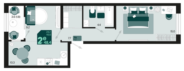 
   Продам 2-комнатную, 48.4 м², Первое место, квартал 1.1, литер 2

. Фото 1.