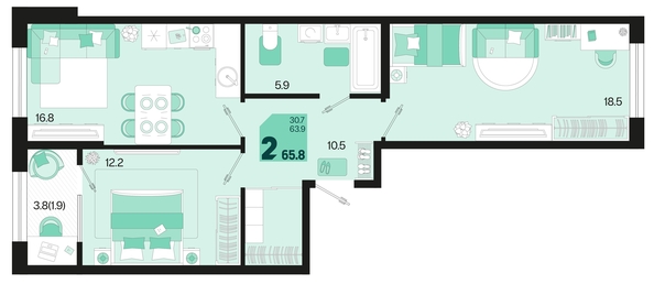 
   Продам 2-комнатную, 65.8 м², Первое место, квартал 1.1, литер 2

. Фото 1.