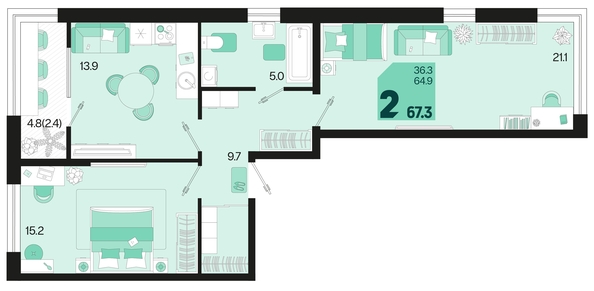 
   Продам 2-комнатную, 67.3 м², Первое место, квартал 1.1, литер 2

. Фото 1.