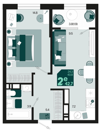 
   Продам 2-комнатную, 42.7 м², Первое место, квартал 1.1, литер 1

. Фото 1.