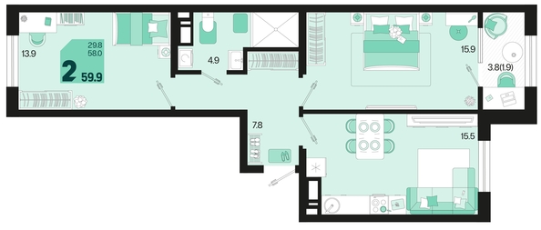 
   Продам 2-комнатную, 59.9 м², Первое место, квартал 1.3, литер 1

. Фото 1.