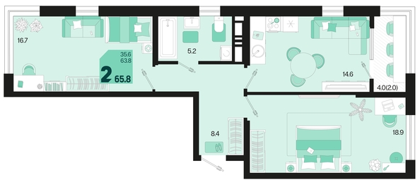 
   Продам 2-комнатную, 65.8 м², Первое место, квартал 1.3, литер 1

. Фото 1.