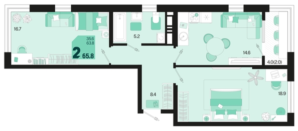 
   Продам 2-комнатную, 65.8 м², Первое место, квартал 1.3, литер 1

. Фото 1.