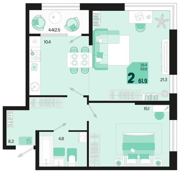 
   Продам 2-комнатную, 61.9 м², Первое место, квартал 1.3, литер 1

. Фото 1.