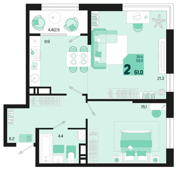 
   Продам 2-комнатную, 61 м², Первое место, квартал 1.3, литер 1

. Фото 1.