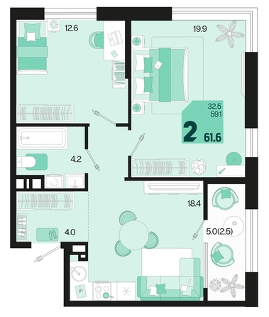 
   Продам 2-комнатную, 61.6 м², Первое место, квартал 1.3, литер 2

. Фото 1.