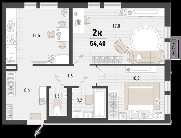 
   Продам 2-комнатную, 54.4 м², Барса, 2В литер

. Фото 1.