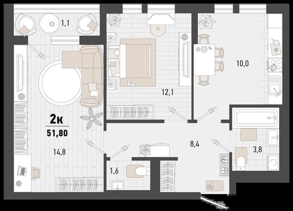 
   Продам 2-комнатную, 51.8 м², Барса, 3В литер

. Фото 1.