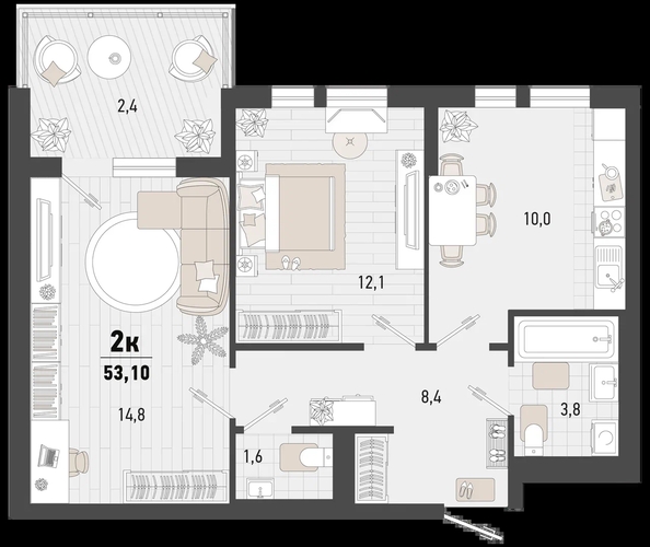 
   Продам 2-комнатную, 53.1 м², Барса, 3В литер

. Фото 1.