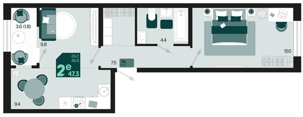 
   Продам 2-комнатную, 47.3 м², Первое место, квартал 1.2, литер 1

. Фото 1.