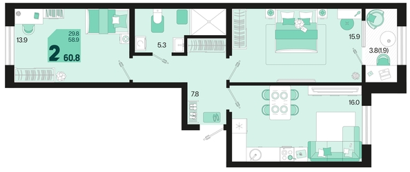 
   Продам 2-комнатную, 60.8 м², Первое место, квартал 1.2, литер 1

. Фото 1.