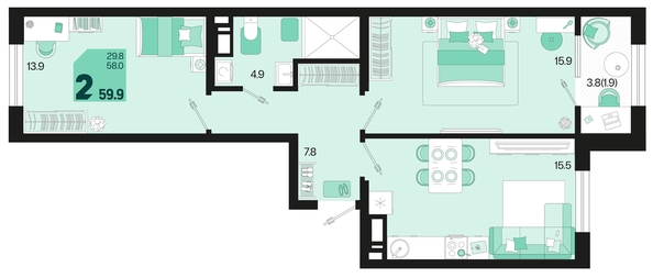 
   Продам 2-комнатную, 59.9 м², Первое место, квартал 1.2, литер 1

. Фото 1.