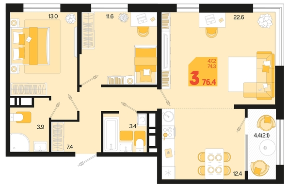 
   Продам 3-комнатную, 76.4 м², Первое место, квартал 1.2, литер 1

. Фото 18.